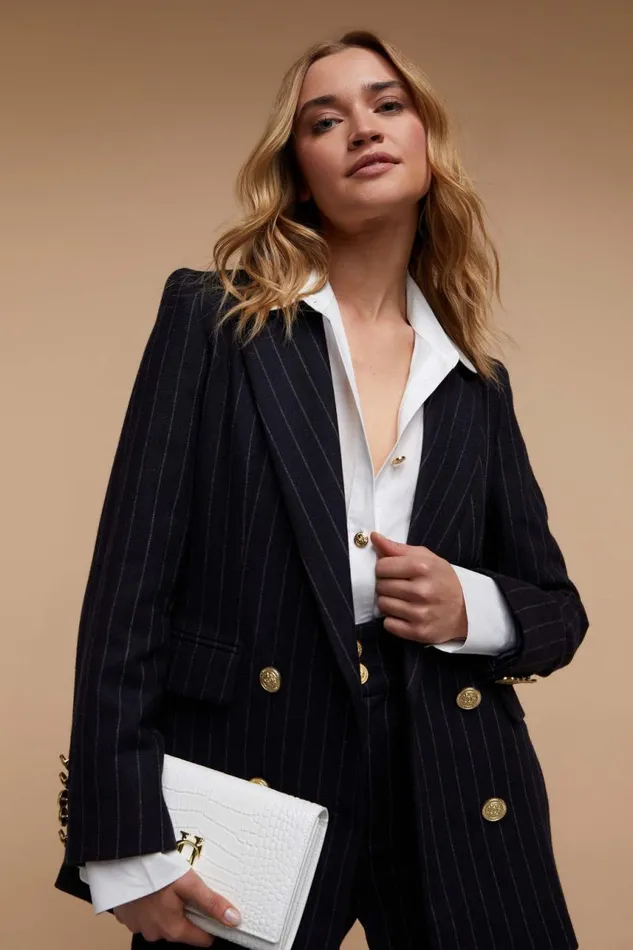 Women In Stock Tailoring Holland Cooper Double Breasted Blazer Navy Chalk Pin Stripe