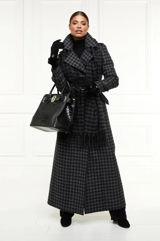 Women In Stock Tailoring Holland Cooper Full Length Chelsea Trench Coat Large Scale Charcoal Houndstooth