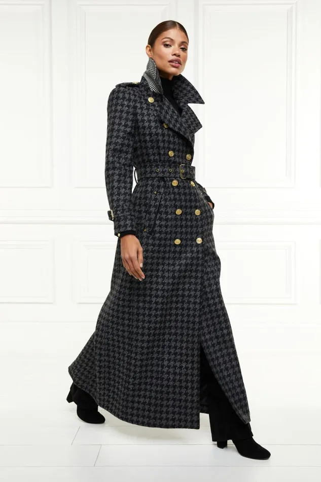 Women In Stock Tailoring Holland Cooper Full Length Chelsea Trench Coat Large Scale Charcoal Houndstooth