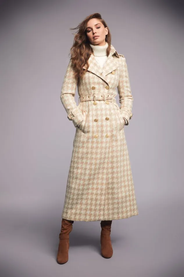 Women In Stock Tailoring Holland Cooper Full Length Marlborough Trench Coat Camel Houndstooth