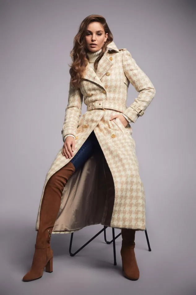 Women In Stock Tailoring Holland Cooper Full Length Marlborough Trench Coat Camel Houndstooth