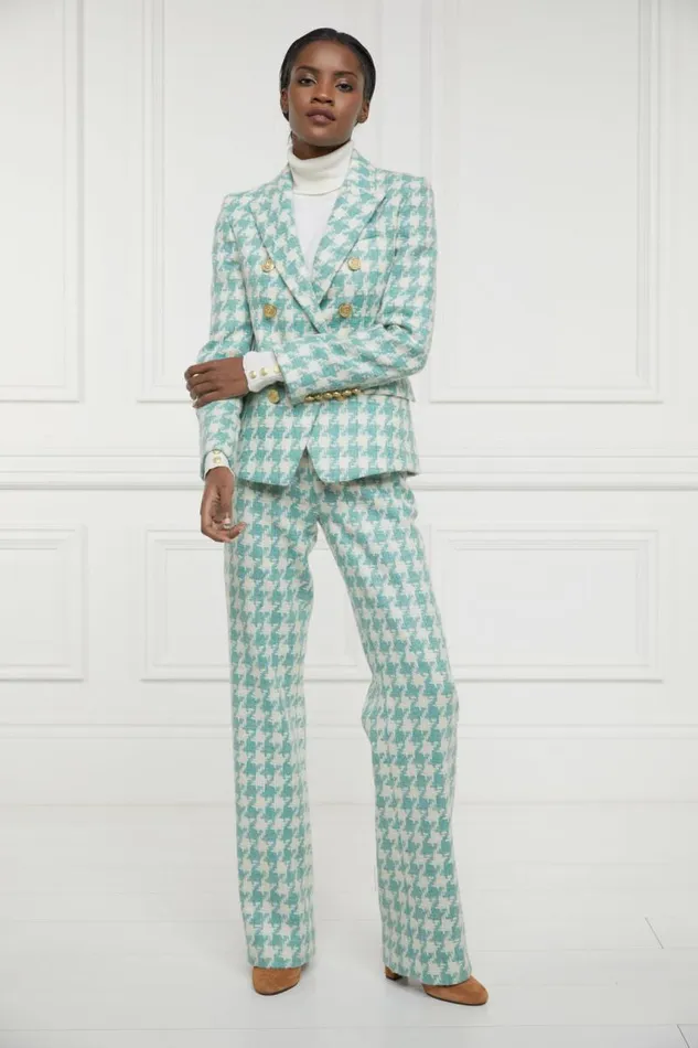 Women In Stock Tailoring Holland Cooper High Waisted Straight Trouser Large Scale Teal Houndstooth Women In Stock Tailoring Holland Cooper High Waisted Straight Trouser Large Scale Teal Houndstooth