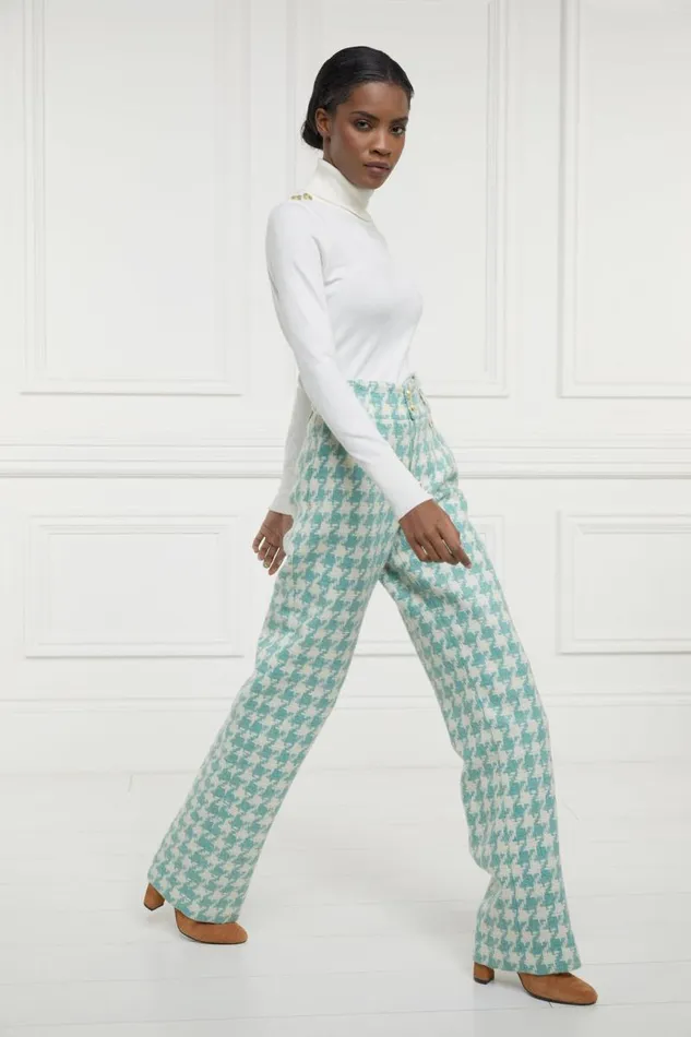 Women In Stock Tailoring Holland Cooper High Waisted Straight Trouser Large Scale Teal Houndstooth Women In Stock Tailoring Holland Cooper High Waisted Straight Trouser Large Scale Teal Houndstooth