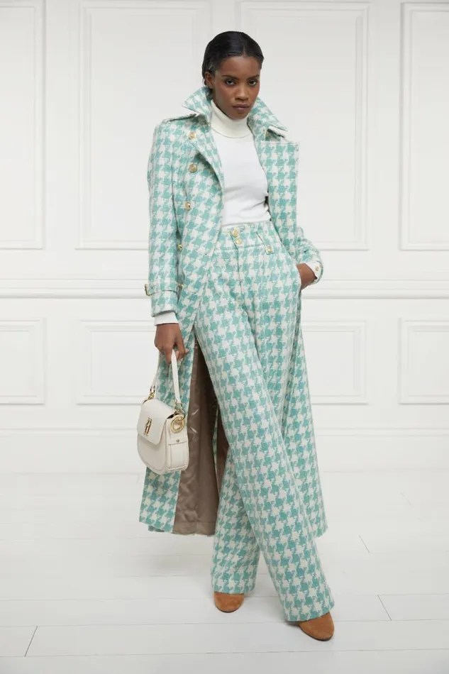 Women In Stock Tailoring Holland Cooper High Waisted Straight Trouser Large Scale Teal Houndstooth Women In Stock Tailoring Holland Cooper High Waisted Straight Trouser Large Scale Teal Houndstooth