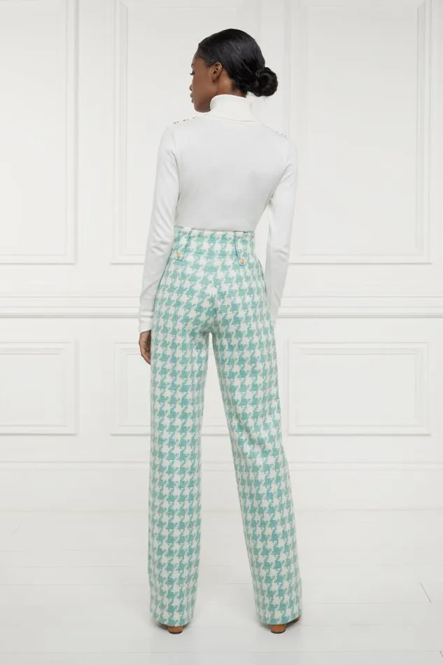 Women In Stock Tailoring Holland Cooper High Waisted Straight Trouser Large Scale Teal Houndstooth Women In Stock Tailoring Holland Cooper High Waisted Straight Trouser Large Scale Teal Houndstooth