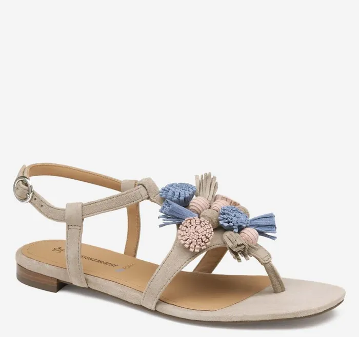 Women Johnston and Murphy Sandals Lilly Tassel Thong Taupe Multi Kid Suede