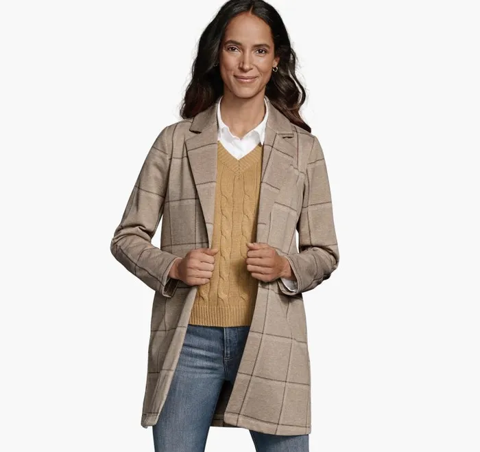 Women Johnston and Murphy Shirts Sweaters and Blazers Windowpane Knit Blazer Tan Women Johnston and Murphy Shirts Sweaters and Blazers Windowpane Knit Blazer Tan