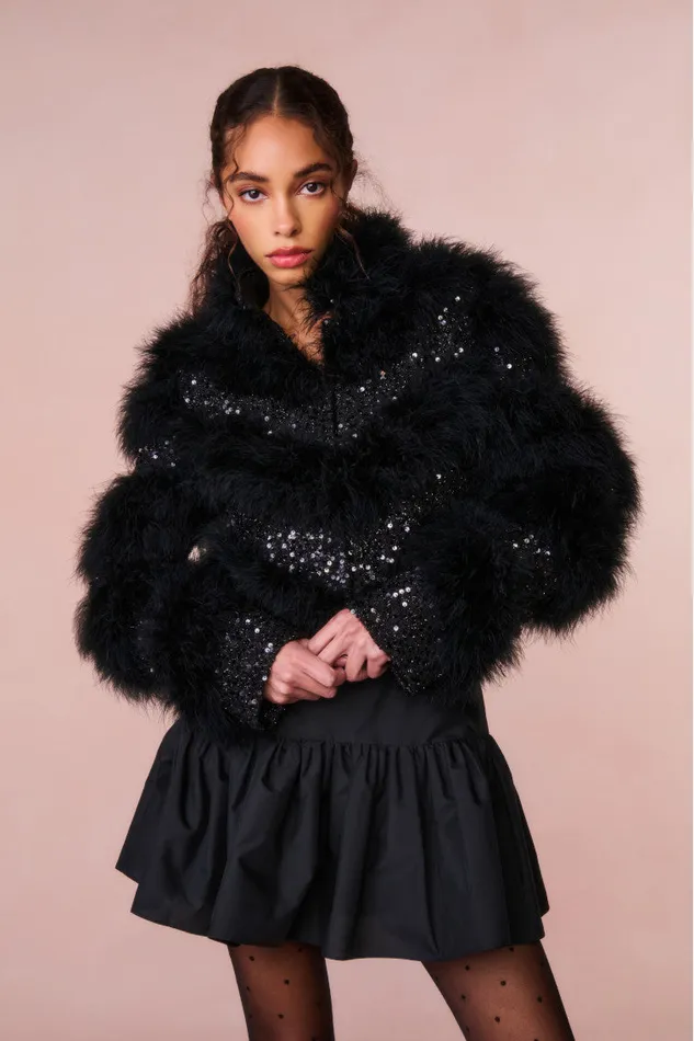 WomenKids LoveShackFancy Jackets and Coats Curran Sequin Feathered Jacket Black