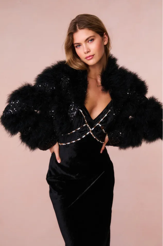 WomenKids LoveShackFancy Jackets and Coats Curran Sequin Feathered Jacket Black