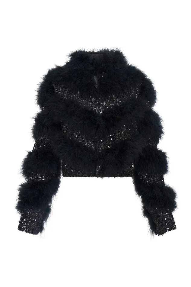 WomenKids LoveShackFancy Jackets and Coats Curran Sequin Feathered Jacket Black