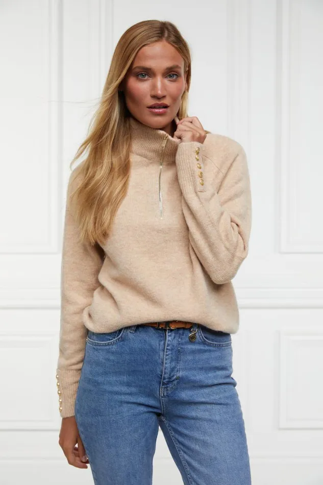 Women Knitwear Holland Cooper Tori Half Zip Knit Camel