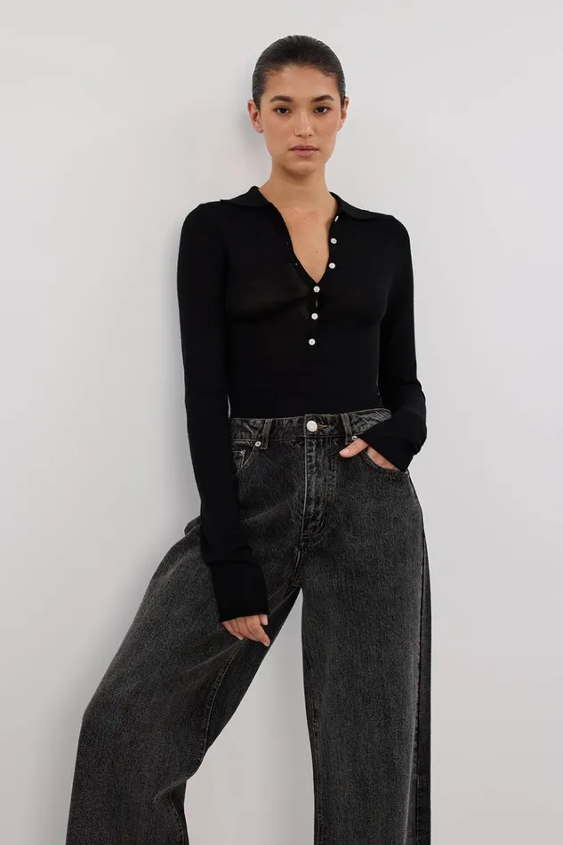 Women Long Sleeved DISSH JANE BLACK MERINO POLO KNIT TOP