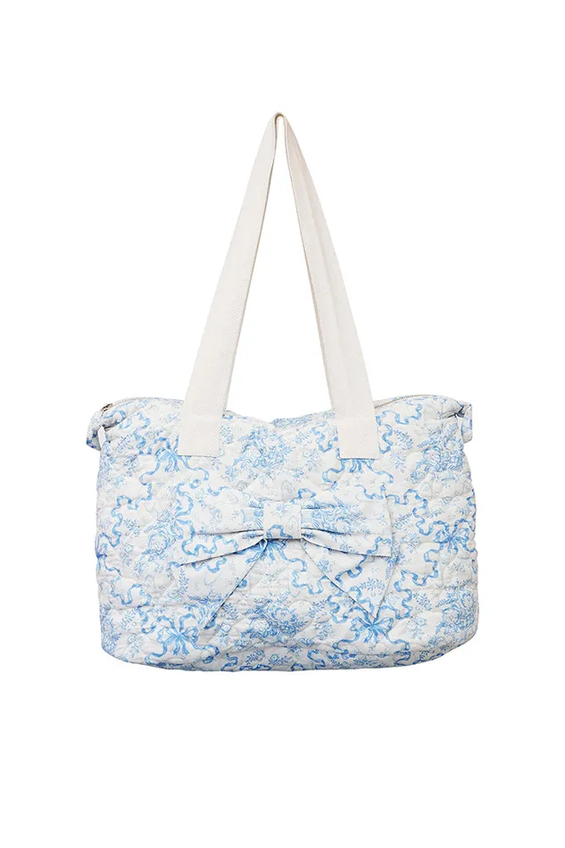 Women LoveShackFancy Bags and Travel Oran Weekender Bow Tote Bag Blissful Blue