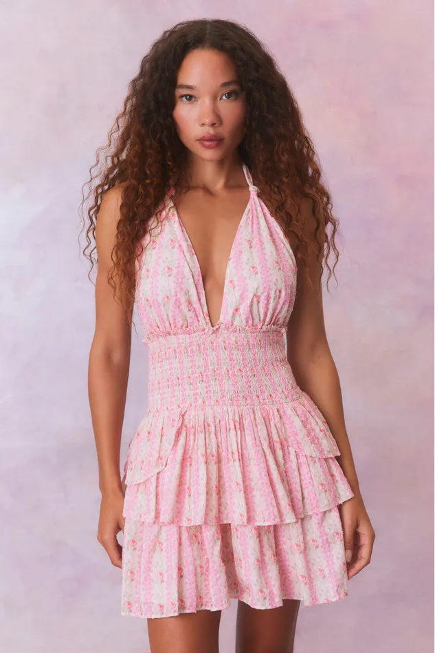 Women LoveShackFancy Dresses Deanna Fragrance Print Halter Mini Dress Strawberry Macaroon