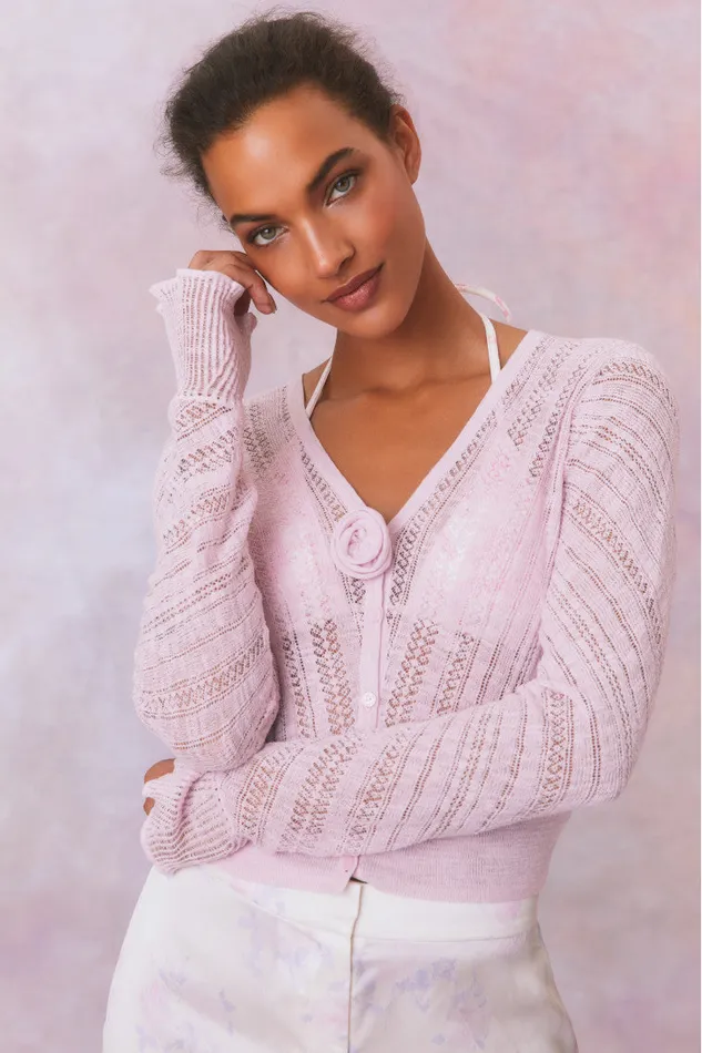 Women LoveShackFancy Sweaters Luz Cotton Pointelle Rosette Cardigan Wistful Pink