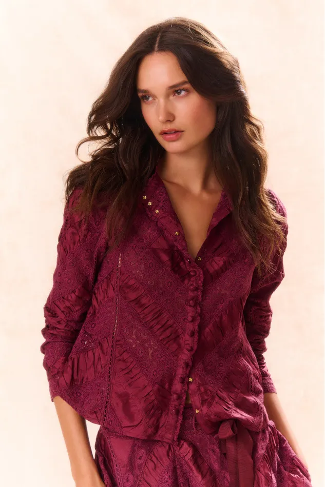 Women LoveShackFancy Tops Isaline Button Down Lace Top Oxblood
