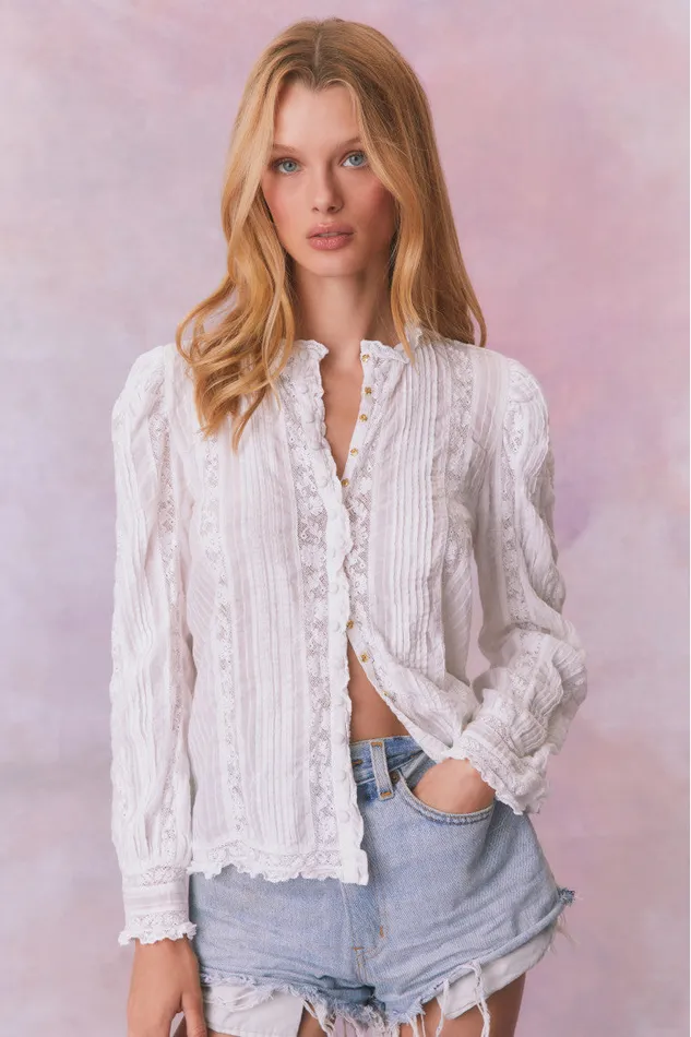 Women LoveShackFancy Tops Jacque Cotton Blouse Top True White