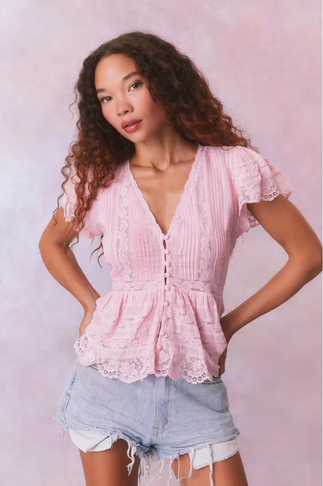 Women LoveShackFancy Tops Quinella Cotton Peplum VNeck ButtonDown Blouse Cherry Pink Women LoveShackFancy Tops Quinella Cotton Peplum VNeck ButtonDown Blouse Cherry Pink
