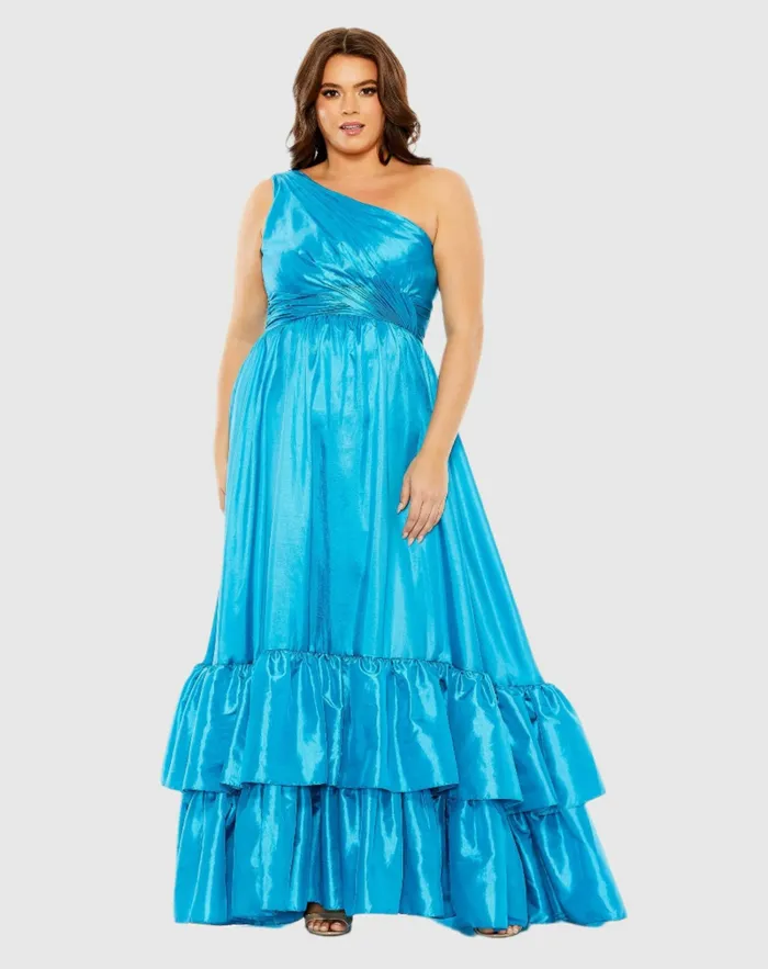 Women Mac Duggal One Shoulder Asymmetrical Ruffle Hem Gown Turquoise Plus Size Dresses