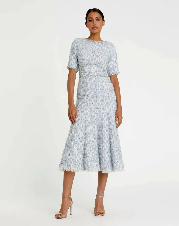 Women Mac Duggal Short Sleeve Beaded Trim Boucle Midi Dress Blue Multi Daytime Dresses