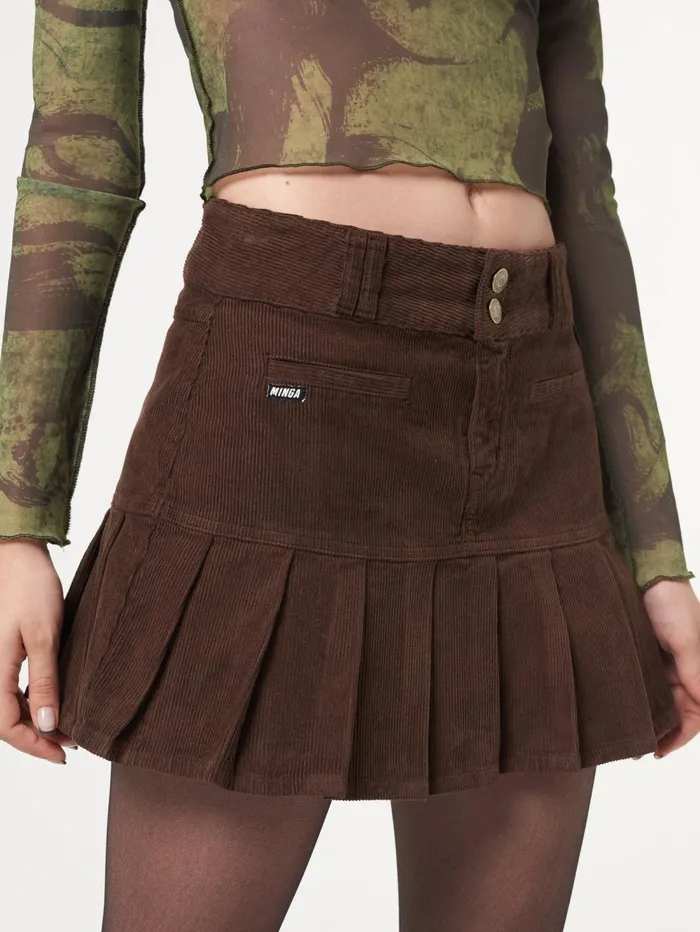 Women Minga London Bottoms Brown Corduroy Pleated Mini Skirt
