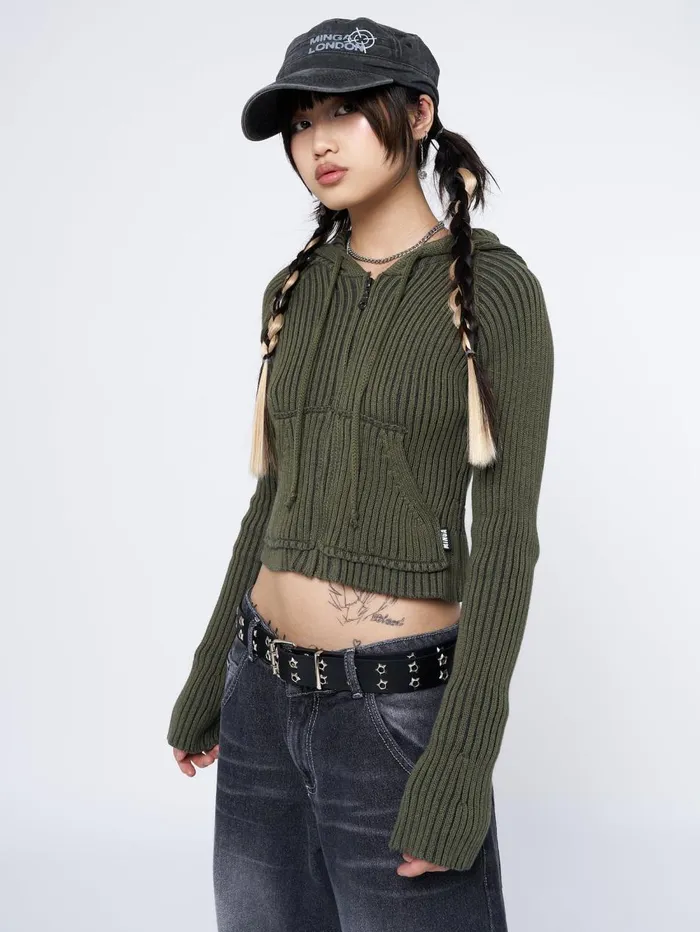 Women Minga London Jackets and Cardigans Jinx Green Cropped Zip Hoodie Cardigan