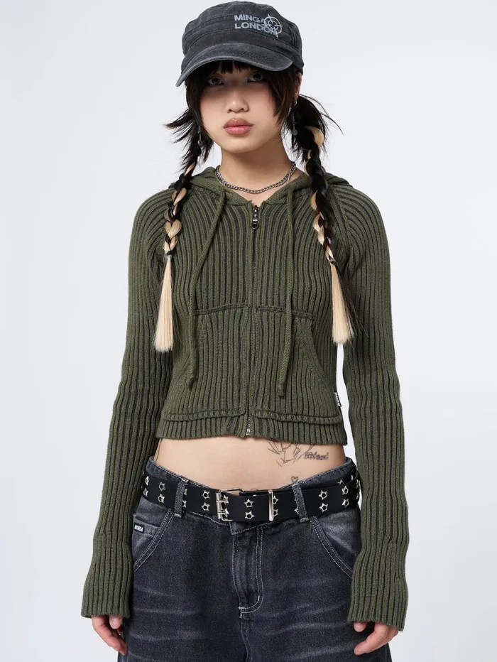 Women Minga London Jackets and Cardigans Jinx Green Cropped Zip Hoodie Cardigan
