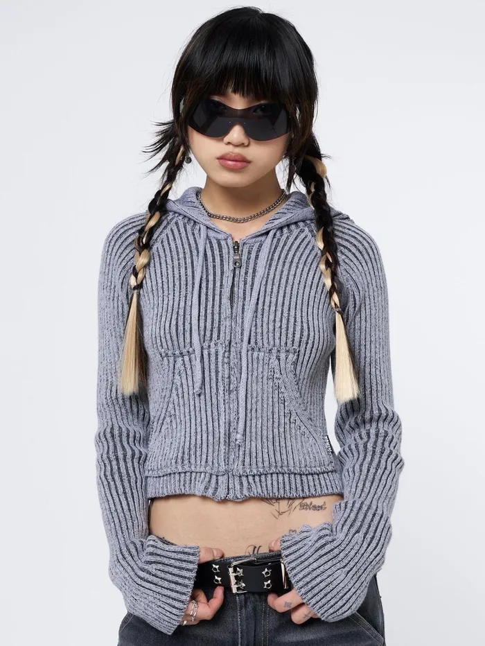 Women Minga London Jackets and Cardigans Jinx Grey Cropped Zip Hoodie Cardigan