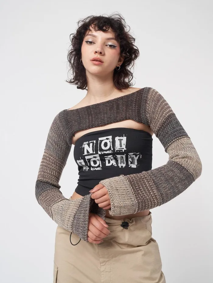 Women Minga London Knitwear Fusion Brown Patchwork Knitted Shrug