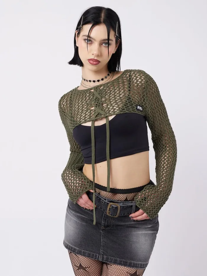 Women Minga London Knitwear Ramona Green Lace Up Knitted Shrug