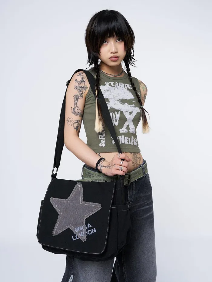 Women Minga London Shop All Super Star Black Canvas Messenger Bag