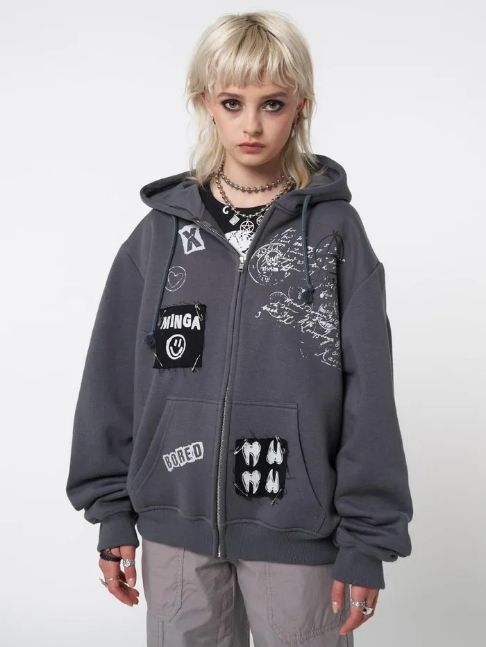 Women Minga London Sweaters and Hoodies Billie Patch Prints Zip Up Hoodie