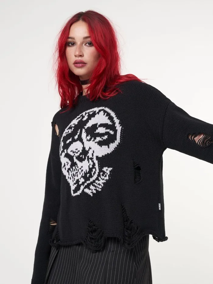 Women Minga London Sweaters and Hoodies Skull Kid Black Distressed Jumper