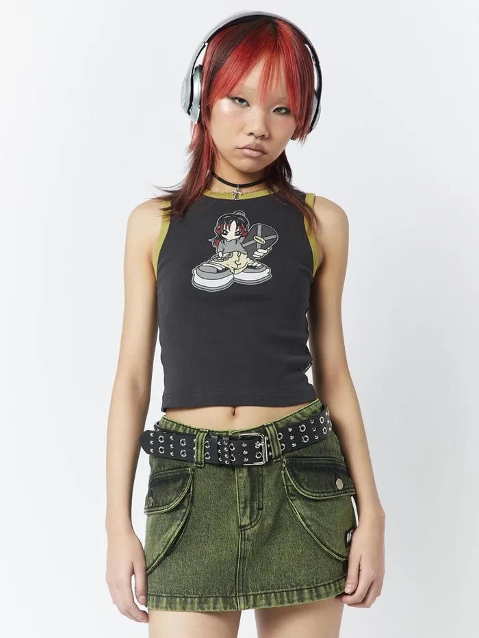 Women Minga London Tops and TShirts Skater Girl Graphic Ringer Vest Top