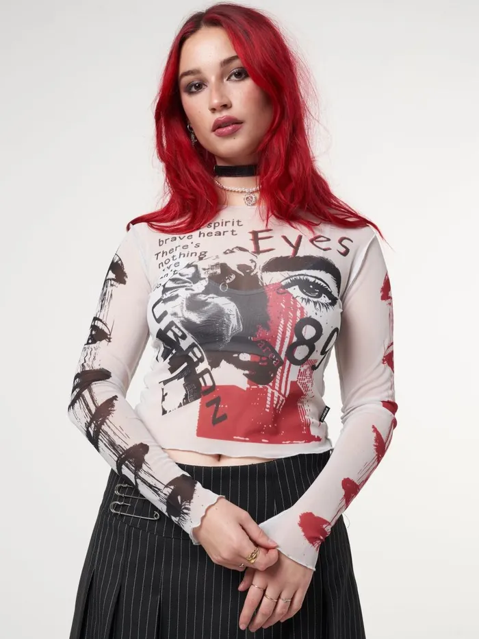 Women Minga London Tops and TShirts Stained Eyes Graphic Mesh Crop Top