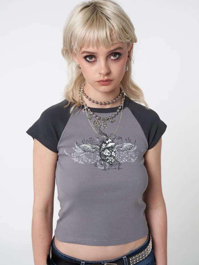 Women Minga London Tops and TShirts Winged Heart Raglan Baby Tee