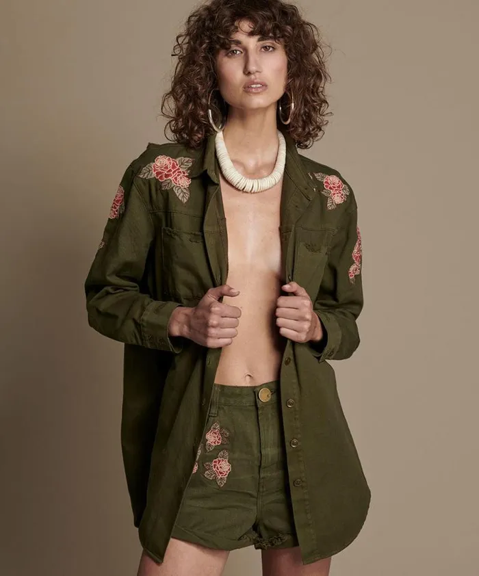 Women OLIVE WILD ROSE MILITARY SHIRT One Teaspoon Shirts