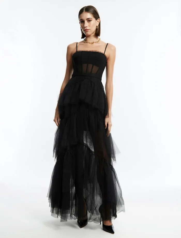 Women Oly Tiered Ruffle Tulle Evening Gown Black BCBG Dresses