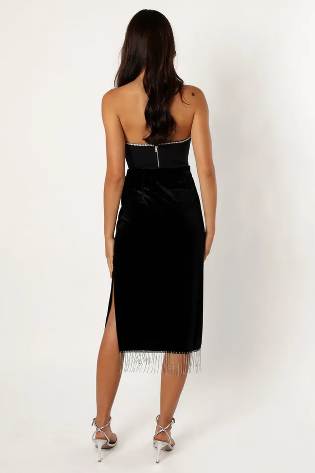Women Petal and Pup Greta Velvet Fringe Skirt Black Skirts