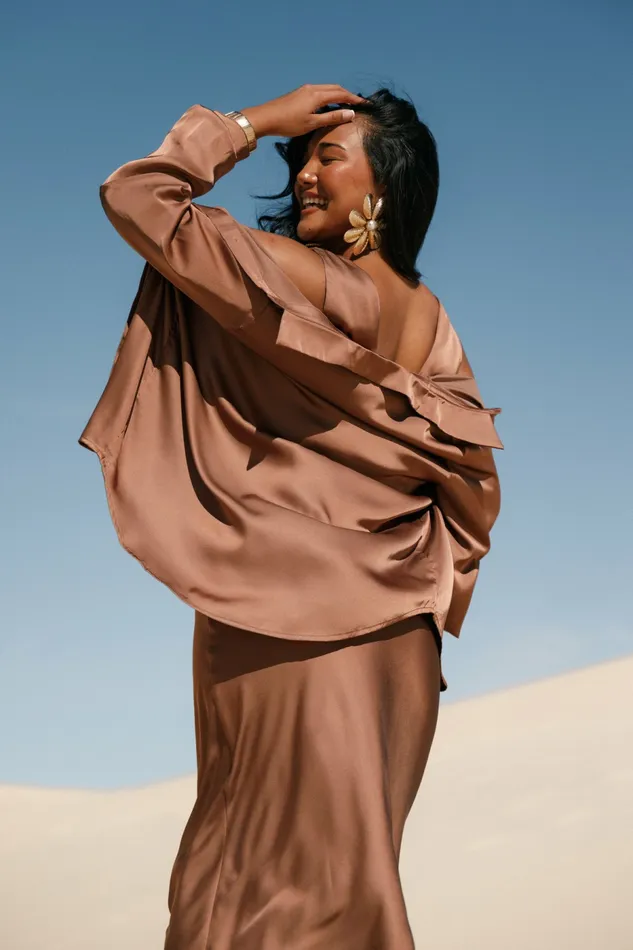 Women Petal and Pup Narissa Satin Shirt Banksia Brown Blouses and Shirts