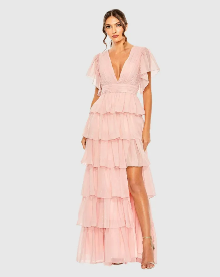 Women Pink Flutter Sleeve Ruffle Tiered Gown Petal Pink Daytime Dresses Mac Duggal Women Pink Flutter Sleeve Ruffle Tiered Gown Petal Pink Daytime Dresses Mac Duggal