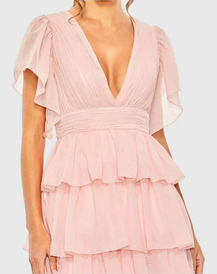 Women Pink Flutter Sleeve Ruffle Tiered Gown Petal Pink Daytime Dresses Mac Duggal Women Pink Flutter Sleeve Ruffle Tiered Gown Petal Pink Daytime Dresses Mac Duggal