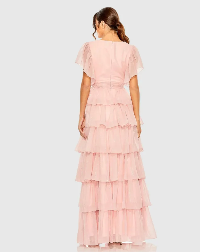 Women Pink Flutter Sleeve Ruffle Tiered Gown Petal Pink Daytime Dresses Mac Duggal Women Pink Flutter Sleeve Ruffle Tiered Gown Petal Pink Daytime Dresses Mac Duggal