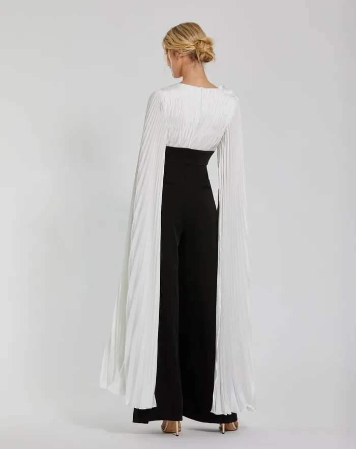 Women Pleated Charmeuse And Crepe Wide Leg Jumpsuit Black Ivory Jumpsuits and Rompers Mac Duggal Women Pleated Charmeuse And Crepe Wide Leg Jumpsuit Black Ivory Jumpsuits and Rompers Mac Duggal