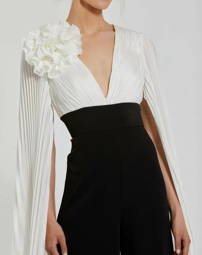 Women Pleated Charmeuse And Crepe Wide Leg Jumpsuit Black Ivory Jumpsuits and Rompers Mac Duggal Women Pleated Charmeuse And Crepe Wide Leg Jumpsuit Black Ivory Jumpsuits and Rompers Mac Duggal