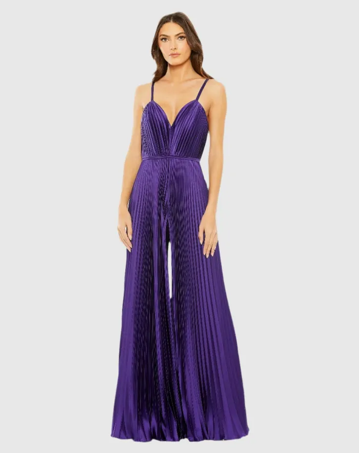 Women Purple Pleated Plunge Neck Wide Leg Jumpsuit Purple Jumpsuits and Rompers Mac Duggal Women Purple Pleated Plunge Neck Wide Leg Jumpsuit Purple Jumpsuits and Rompers Mac Duggal