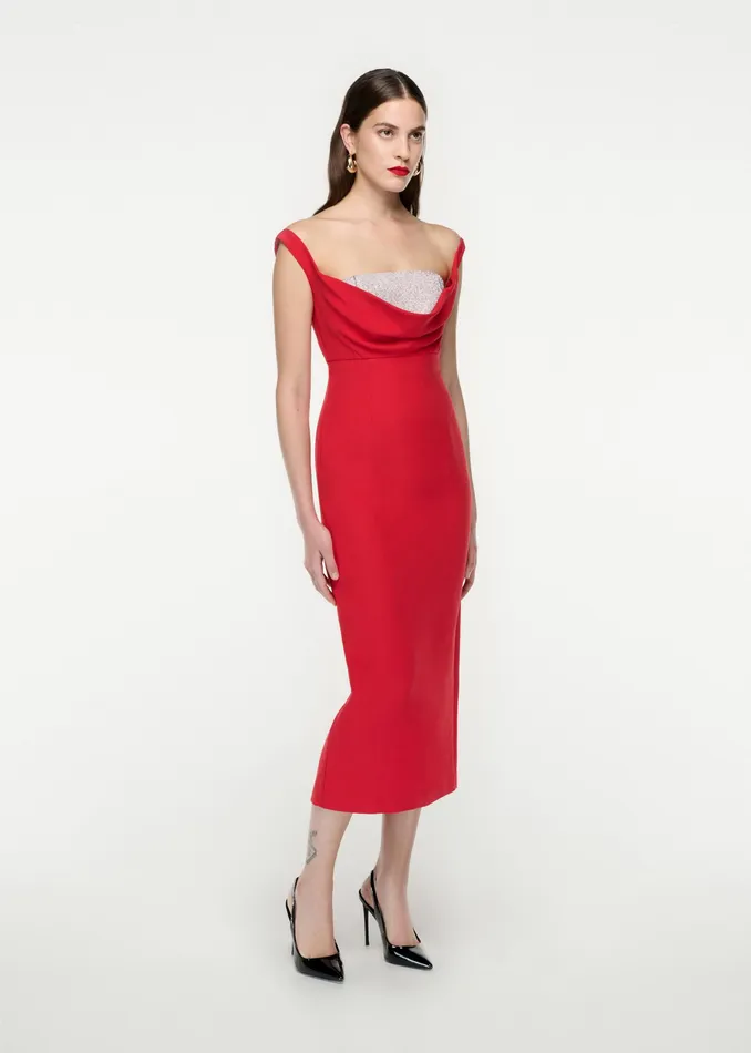 Women Roland Mouret Clothing Off Shoulder Silk Wool Diamante Midi Dress