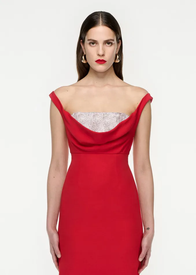 Women Roland Mouret Clothing Off Shoulder Silk Wool Diamante Midi Dress