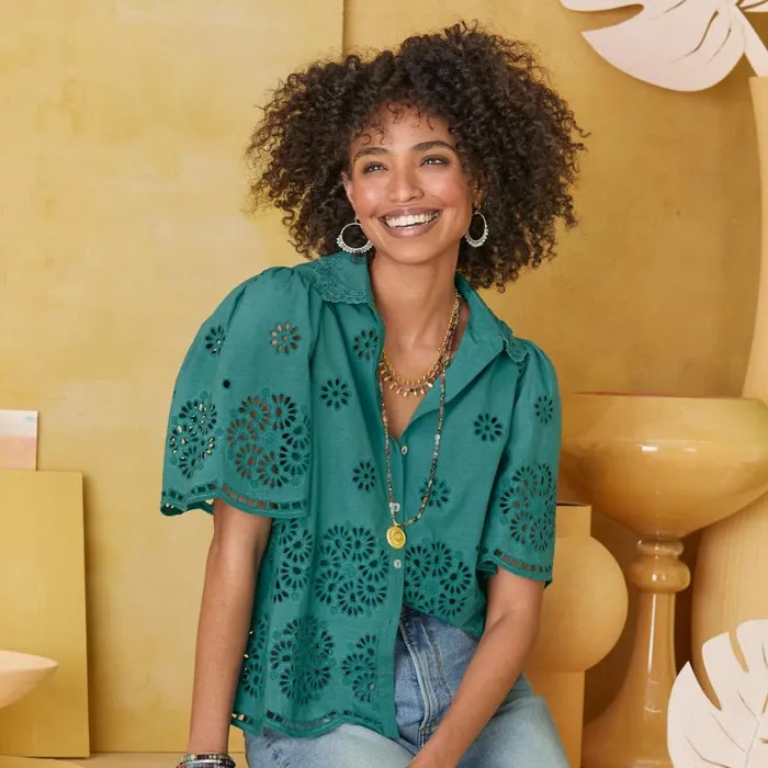 Women Rosalie Eyelet Top Teal Sundance Catalog Tops