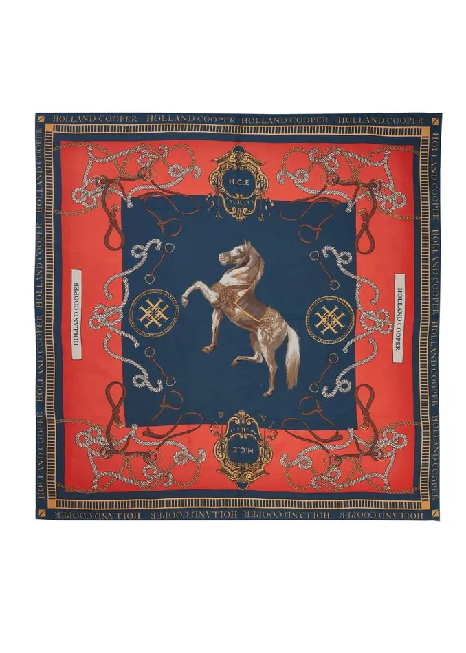 Women Scarves Holland Cooper Regal Horse Silk Scarf Ink Navy Neroli